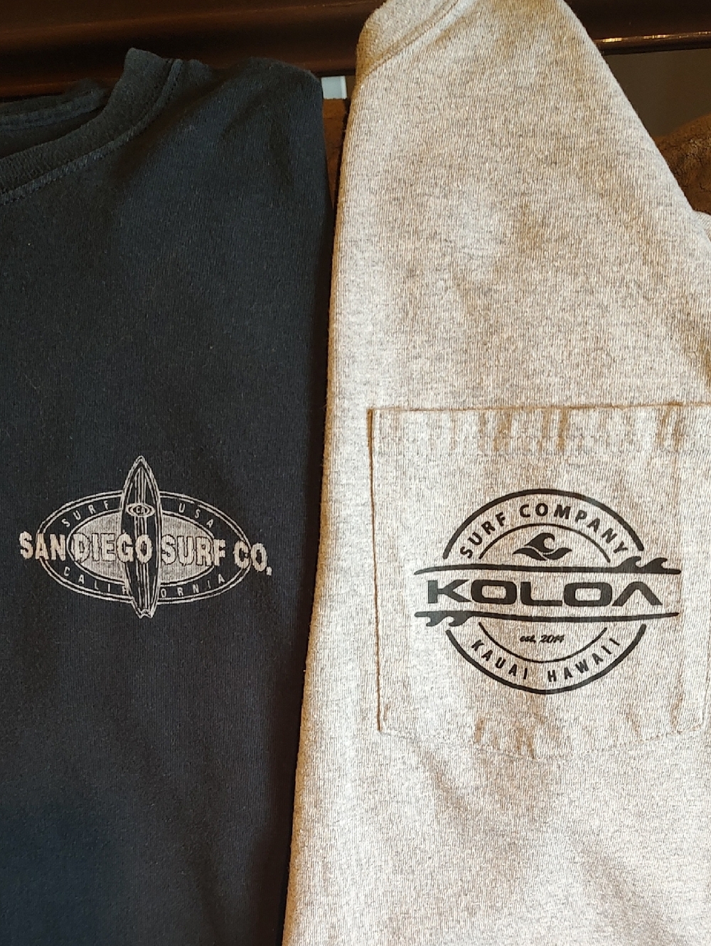 Lot of 2 Double-Sided Short Sleeve Surf T-Shirts San Diego CA. / Kauai Hawaii